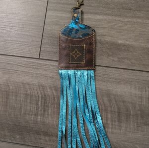 Brown and Blue Leather Fringe Keychain